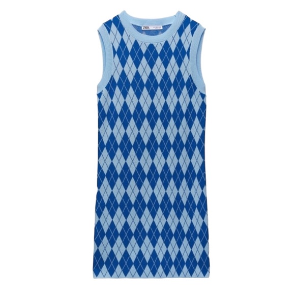 Zara Blue Argyle Diamond Sleeveless Knit Sweater Mini Dress - Blogger Fave - S - Picture 16 of 16